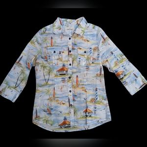 Paradise Shores *Sz Small* Lighthouse Beach 3/4 Roll Tab Sleeves Button Down